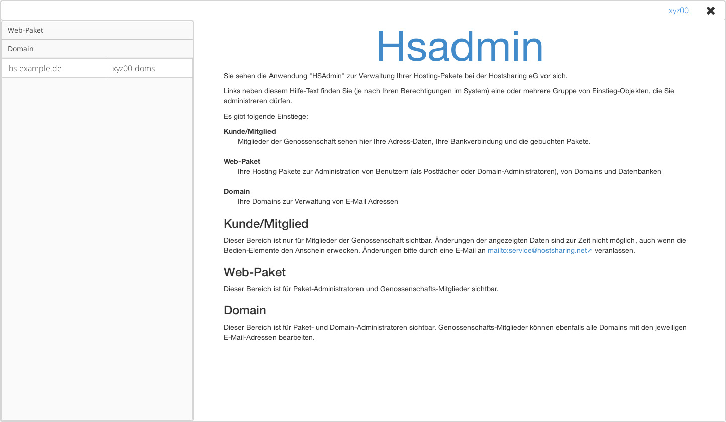 Der Startbildschirm von HSAdmin nach dem Einloggen als Paket-Admin.